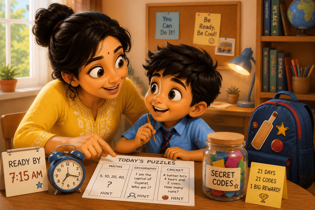 Mother helping her child get ready for school using a fun 21-day puzzle challenge routine